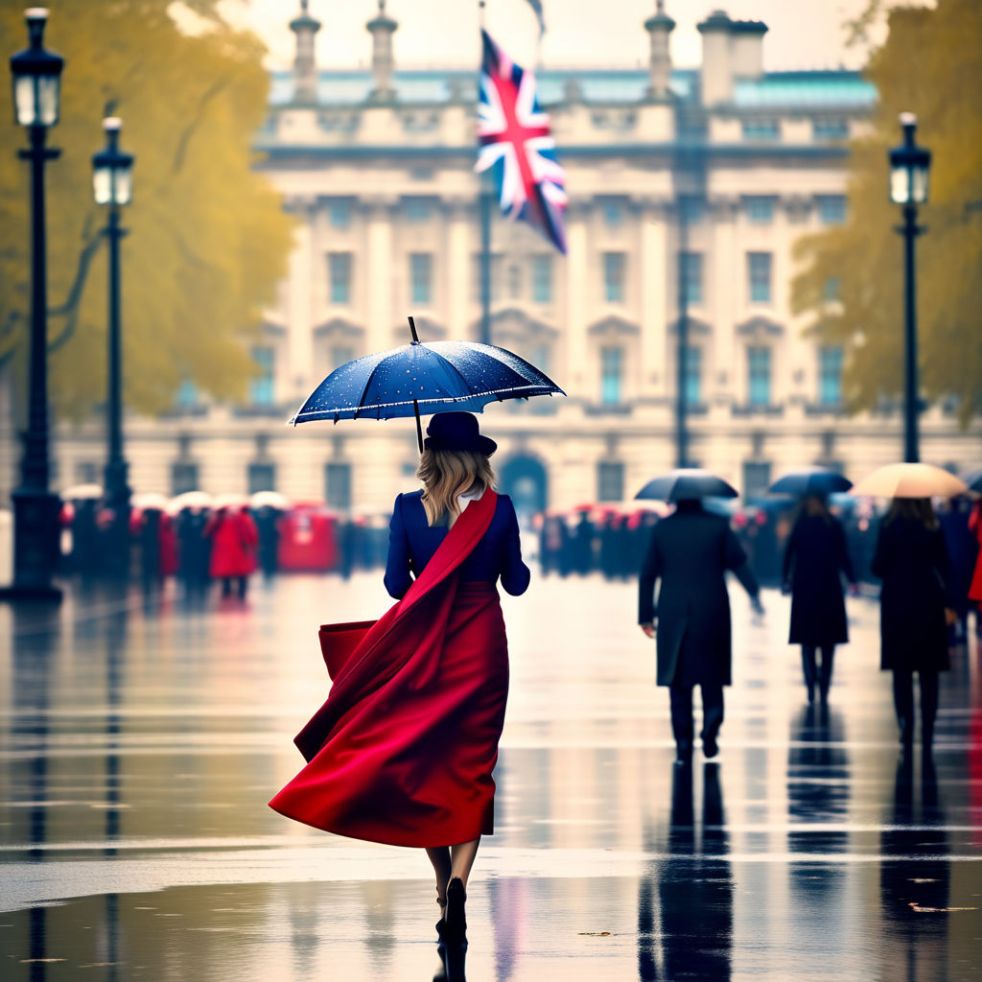 Elegant lady walking in the rain under an umbrella in front of Buckingham Palace in London England